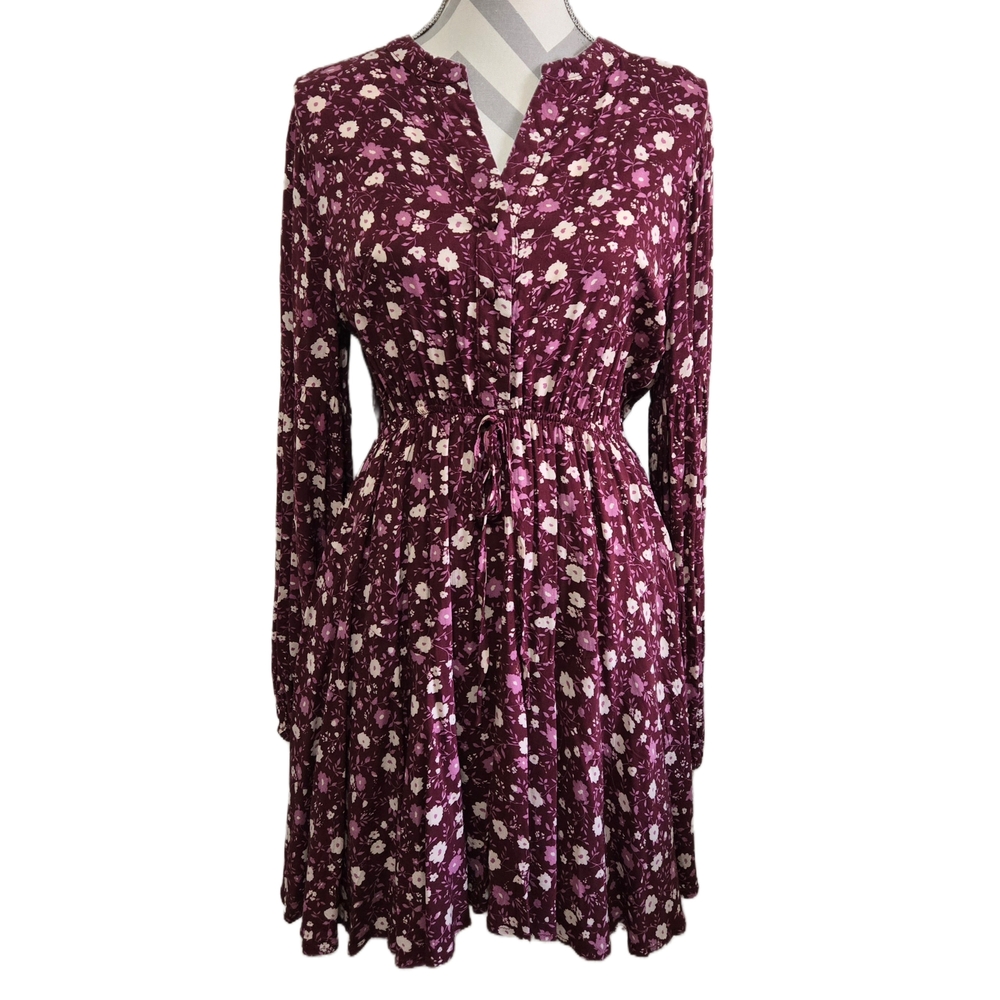 BLU PEPPER Floral Boho Mini Dress Long Balloon Sleeves Plum Purple Size Large